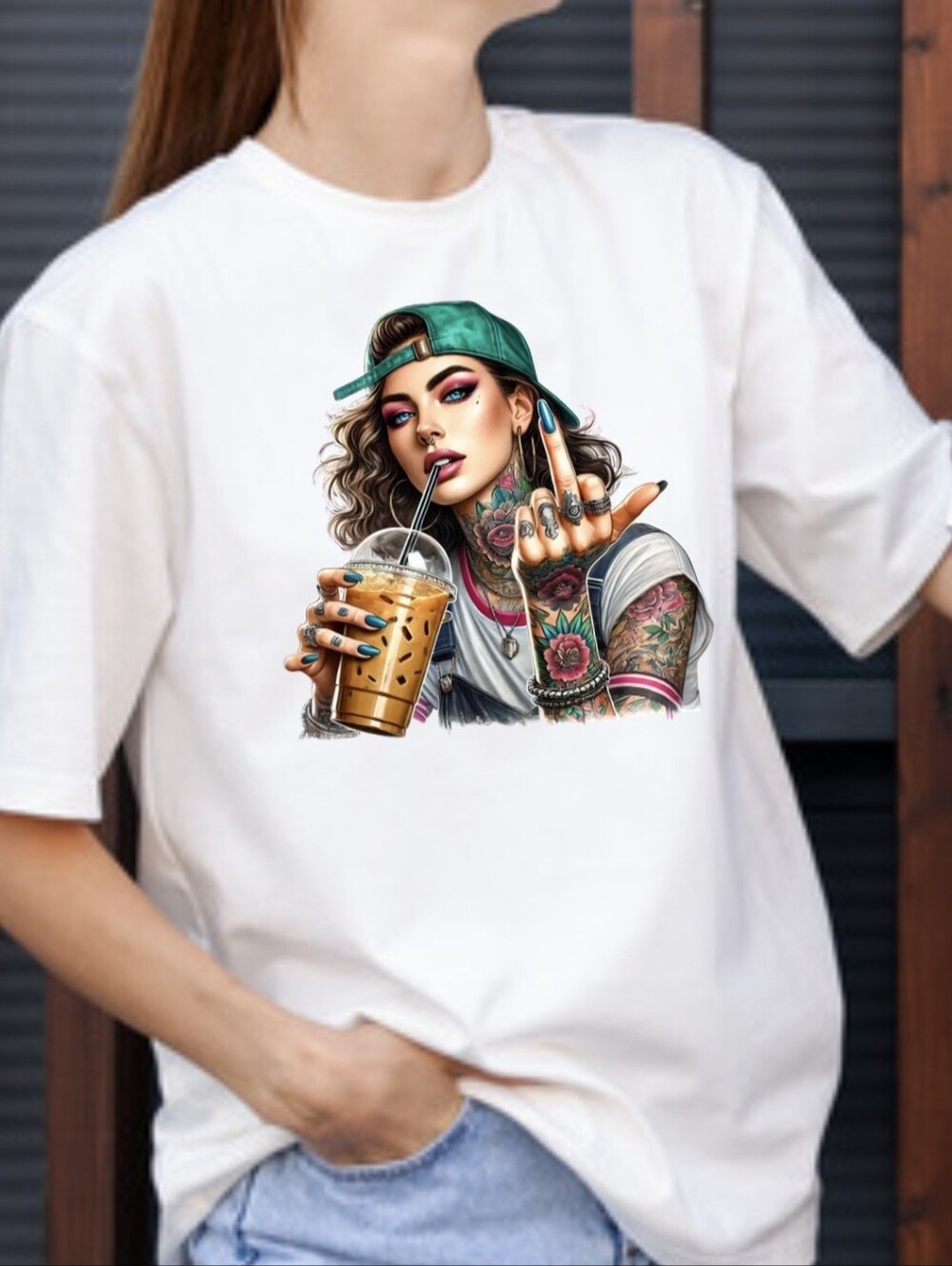 Luxury Custom Iced Coffee Tatted Girl Green Cap Graphic Tee - L